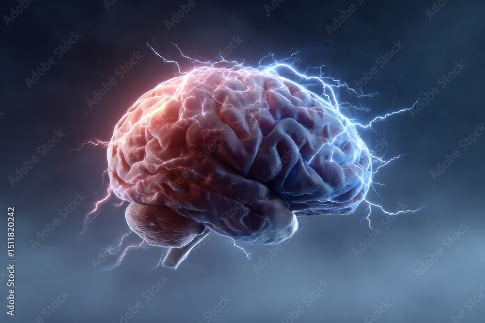 Aufkleber Animated Brain With Lightning Bolt Depicts Transition From Chaos to Calm in a Visually Striking Representation of Mental Activity at Night