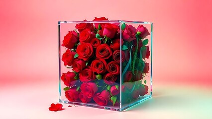 Luxury transparent gift box with roses inside on gradient background with flower buds and confetti, party or birthday celebration.