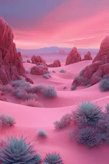 Fototapeten Pink Haze: A dreamscape of a desert landscape is bathed in soft hues of pink and blue.  The sky is painted in shades of pink, casting a gentle glow over the sand dunes and rock formations. © Igvcd