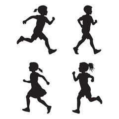 Running Kids Children play Active Movement Vector Silhouette White Background 