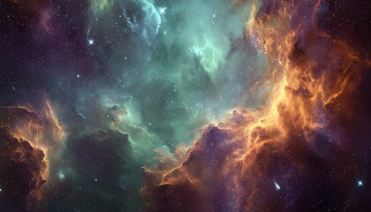 Fototapeta premium Celestial Tapestry Vibrant Emerald Nebula in a Cosmic Dance with Fiery Interstellar Clouds