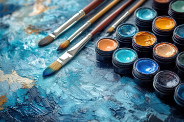 Obraz premium Paint brushes and palettes on blue background.