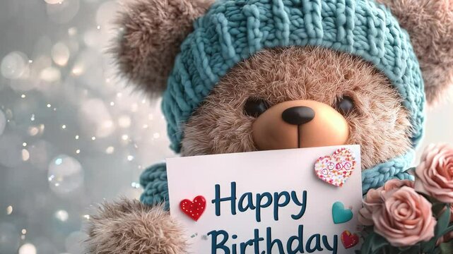 Cute teddy bear in blue hat holding happy birthday card with hearts and flowers on soft light background