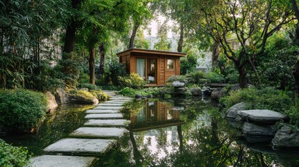 Tranquil Garden Retreat: A serene, meticulously designed garden scene with a wooden structure next to a pond, reflecting a sense of peace and natural beauty.
