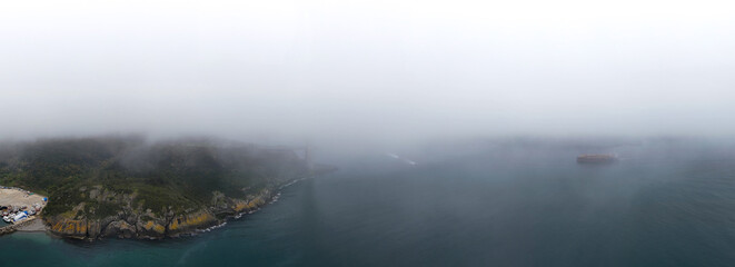 Beykoz Misty Coastline Aerial View of a Coastal Landscape. A breathtaking aerial panorama of a...