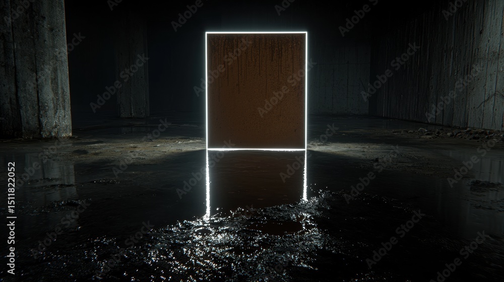 Poster a dark room with a glowing rectangular object in the center.