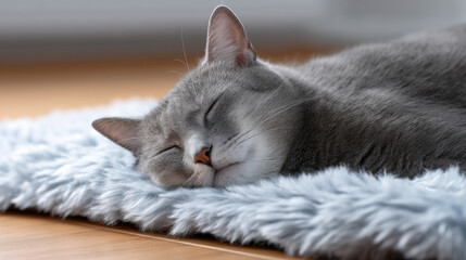 Fototapeta premium Pet wellness concept. Gray cat sleeping peacefully soft blanket cozy and relaxed indoor setting calm and comfortable