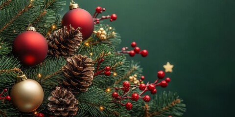 Fototapeta premium Christmas Background. Closeup Of Red Christmas Decoration On Green Christmas Tree Branch