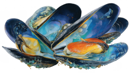 Freshly steamed mussels displayed against a crisp white backdrop invite culinary exploration and ocean's treasures, captivating viewers with its vibrant hues.
