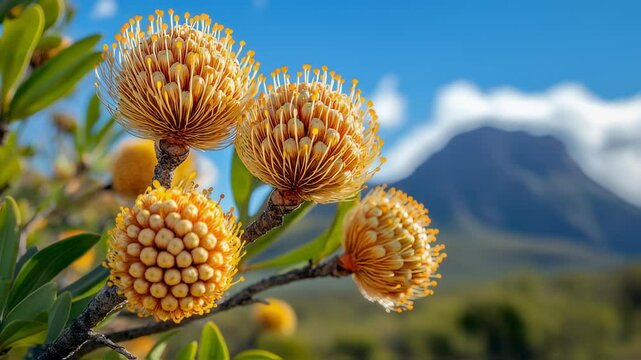 Exotic yellow pincushion protea flowers bloom against a mountain backdrop