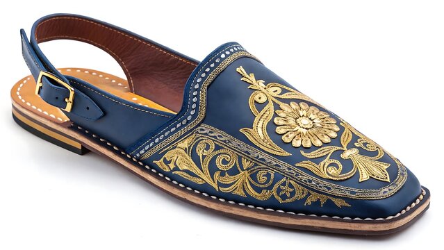 Peshawari chappal close-up, intricate gold embroidery on blue leather, traditional Pakistani footwear, clean white background, ultra HD, high resolution, studio lighting