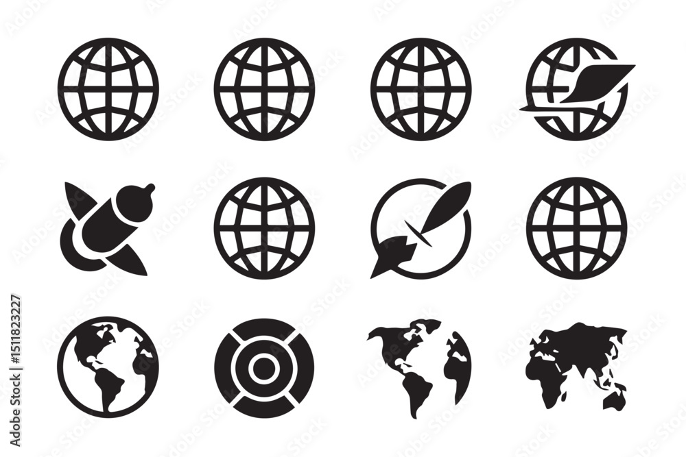 Poster global icons set: world map, globe, and navigation symbols