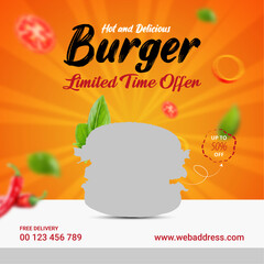 Hot and Delicious Tasty Fast Food Burger Social Media Post Design For Limited Time Offer Sale.
