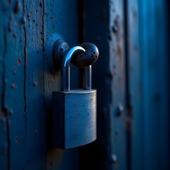Sturdy Metal Padlock Securing a Painted Blue Wooden Door