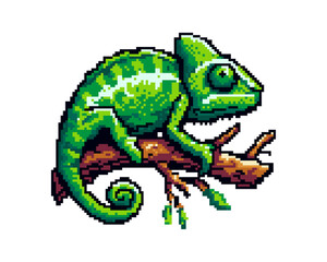 Pixelated chameleon perched on a branch rendered in vibrant green brown hues