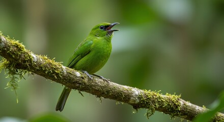 Obraz premium Emerald Greenlet Bird: Vibrant Songbird on Mossy Branch