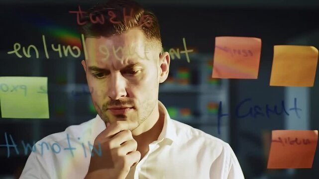Man think on work with business paper stickers on blackboard. Brainstorm and multitasking. Brain doubt over question, seek answer. Sticky with idea