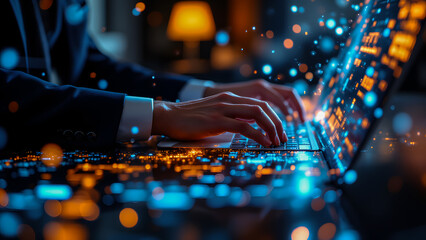 A businessman immersed in the digital realm, leveraging technology for global connectivity and data processing.