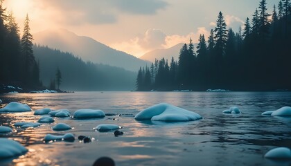 Peaceful River Flowing Through a Forested Mountain Landscape