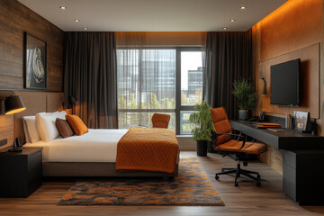 Unmade bed with laptop open, TV flickering in the background.