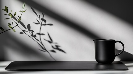 A black ceramic pitcher sits on a black tray, with a plant casting a shadow on the wall behind it.