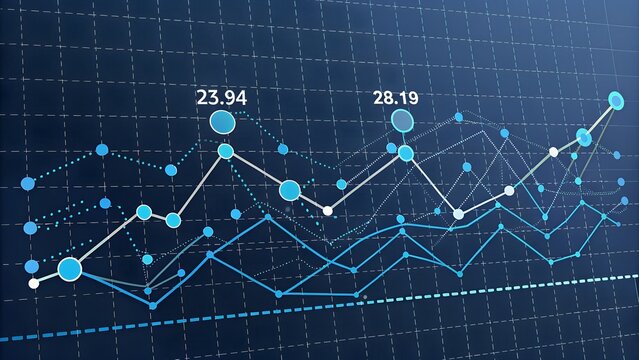Financial graph with data points and lines on a dark blue grid background