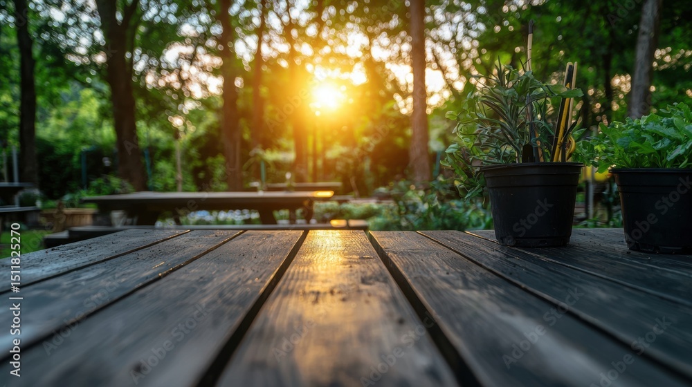 Poster a wooden table with two potted plants in the foreground, set against a backdrop of a park with trees