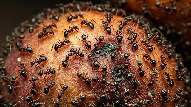 A close-up of ants crawling on a rotten fruit, showcasing nature's cyc