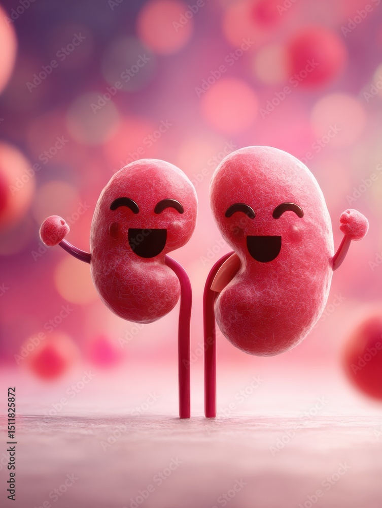 Poster Smiling and Flexing Kidneys Enjoying a Fun Moment in a Colorful Animated Setting With a Clear Central Space