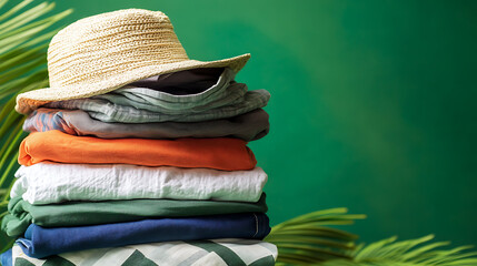Stack of Folded Summer Clothing on green Background 