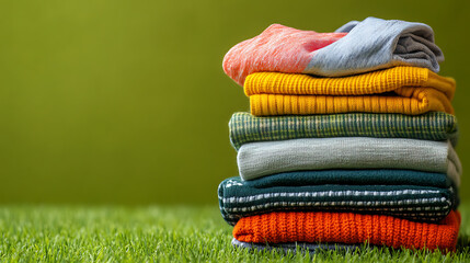 Stack of Folded Summer Clothing on green Background 