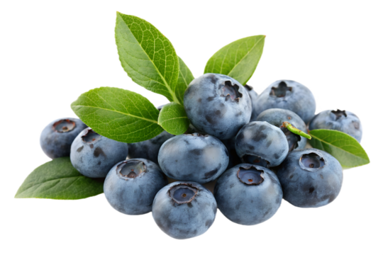 Fresh Juicy Blueberries with Green Leaves Isolated on White