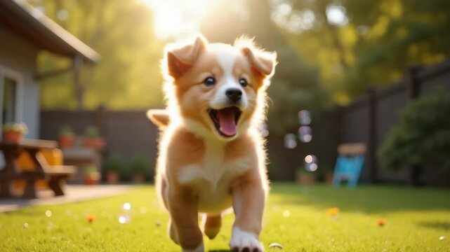 Happy Puppy Playing in the Park with Bubbles