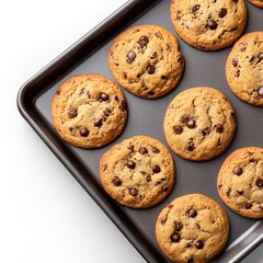 Freshly baked chocolate chip cookies on baking sheet homemade dessert treat sweet snack food photography