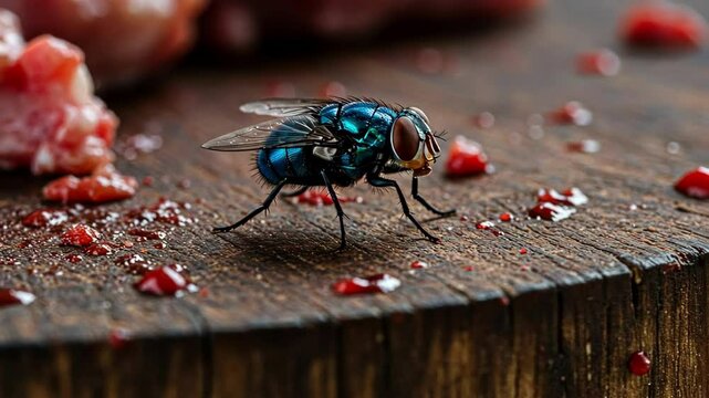 Detailed close-up of a blue bottle fly on meat and wooden surface