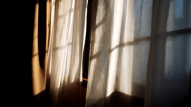 Morning sunlight casting soft flowing shadows through light curtains onto a peaceful interior space, evoking calm, mindfulness, wellness, and cozy minimalist living concepts.