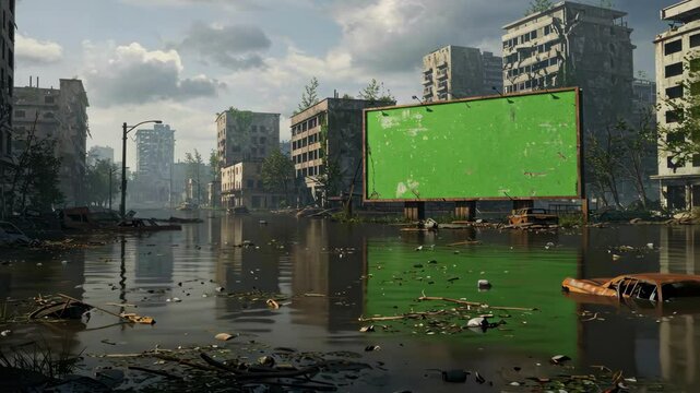 Flooded city with ruins, showing the aftermath of an environmental dis