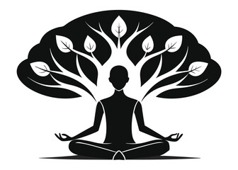 Silhouette of a Meditating Person Under a Tree of Life in Black