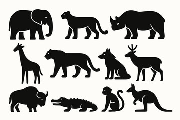 Fototapeta premium Silhouette collection of diverse wild animals in black on white background