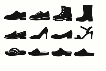 Silhouette collection of various footwear styles: loafers, boots, sandals, heels