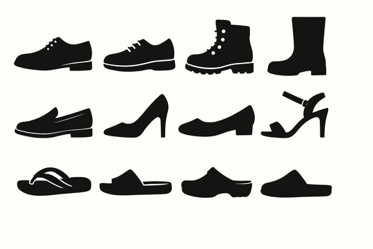 Silhouette collection of various footwear styles: loafers, boots, sandals, heels