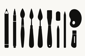 Silhouette of art tools: brushes, palette, and pencils for creative expression