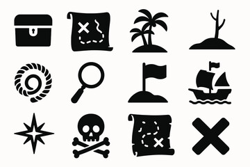 Black silhouette pirate icons: treasure map, ship, skull and crossbones, palm tree