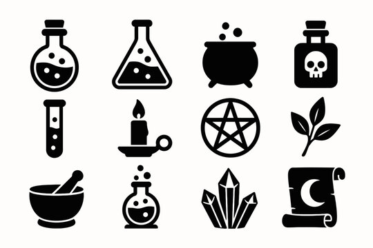 Alchemy icons: potions, crystals, herbs, candle, pentagram, and scroll