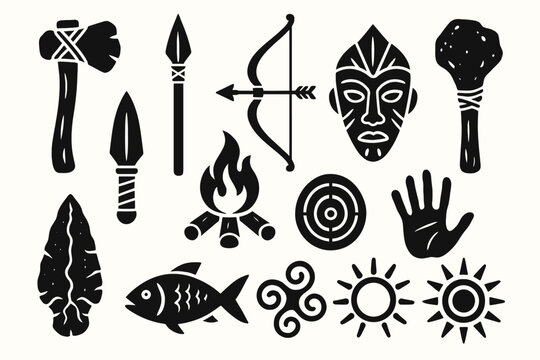 Collection of primitive tools and symbols including axe, spear, bow, and tribal mask