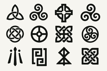 Diverse collection of celtic symbols and patterns on white background