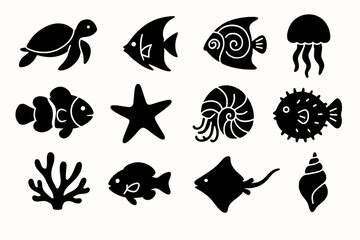 Silhouette icons of marine life: fish, turtle, jellyfish, starfish, and more