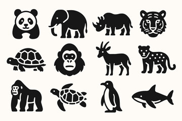 Silhouette icons of diverse animals including panda, elephant, rhino, and tiger