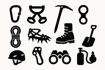 Essential mountaineering equipment: ice axe, crampons, carabiner, rope, helmet, goggles