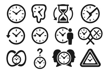 Variety of clock icons: time management and scheduling symbols